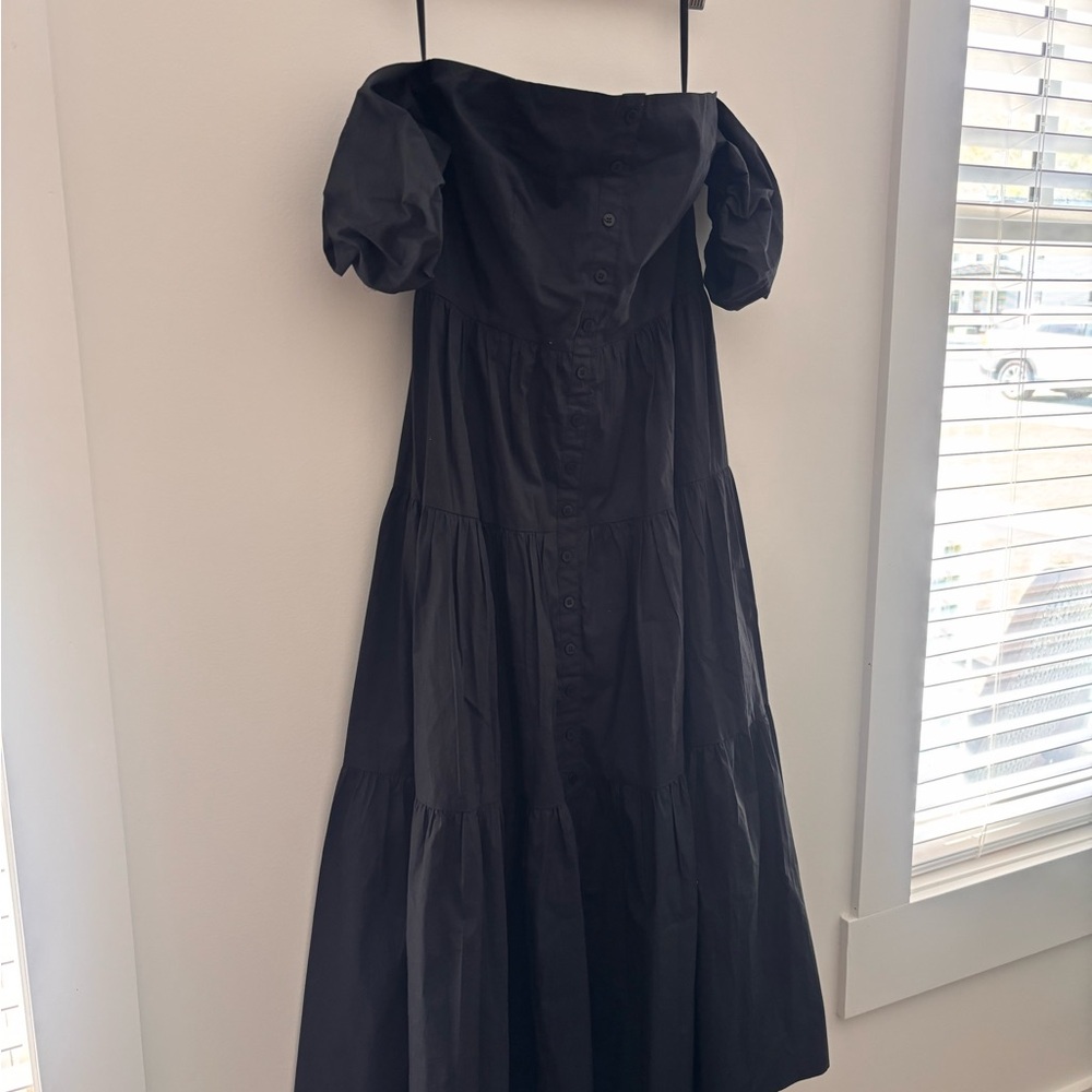 STAUD Elio Black Off-The-Shoulder Tiered Midi Dress